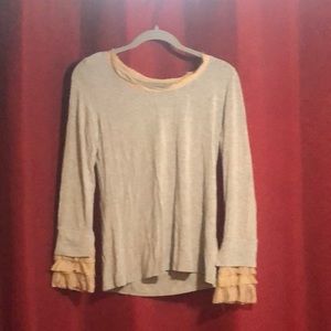Soft Surroundings Grey Long Sleeved Shirt with Cream Lace on Sleeves and Neck